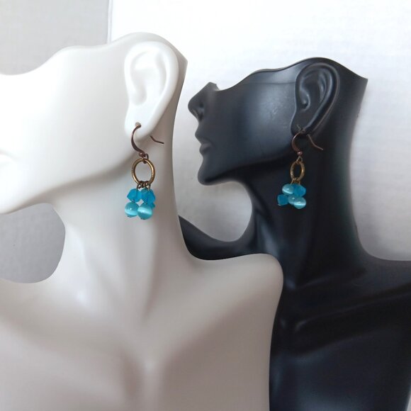 Hand Crafted Jewelry - Small Handmade Beaded Earrings With Blue Agate Beads on Copper Fishhook Wires